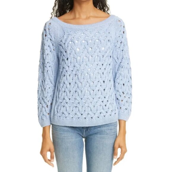 LAFAYETTE 148 New York Sequin Infinity Cable blue Metallic Sweater  Size L - Picture 1 of 7